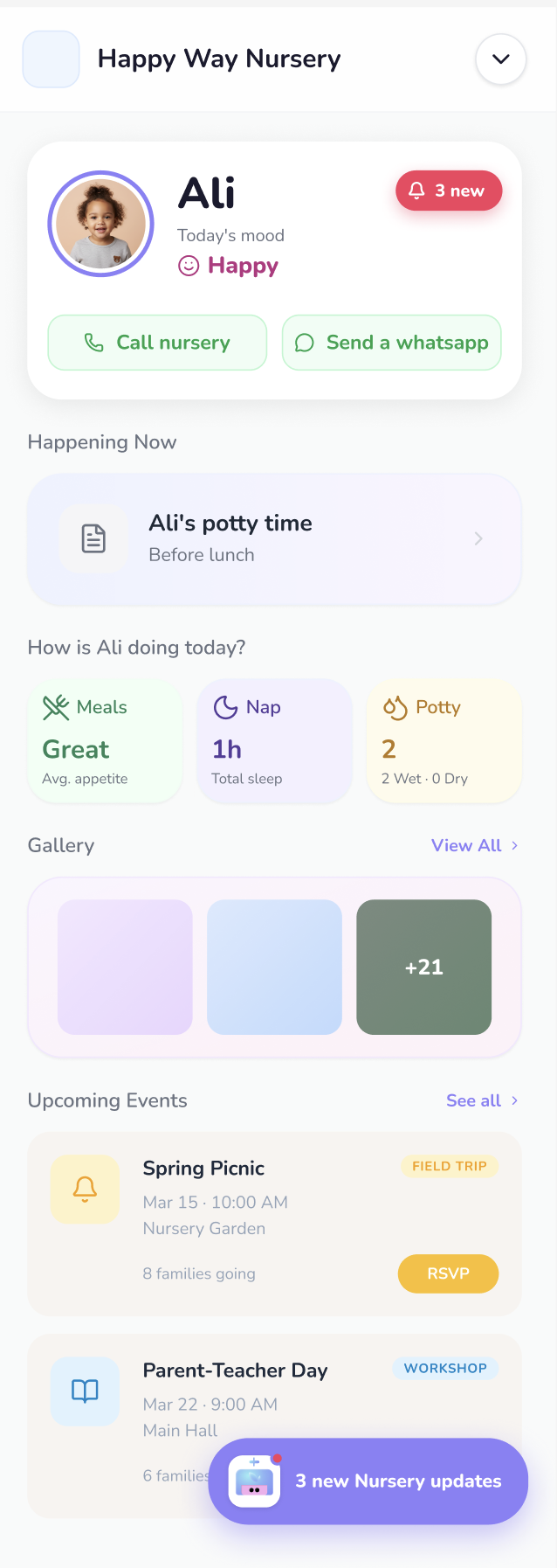 Bubu Nursery parent home screen